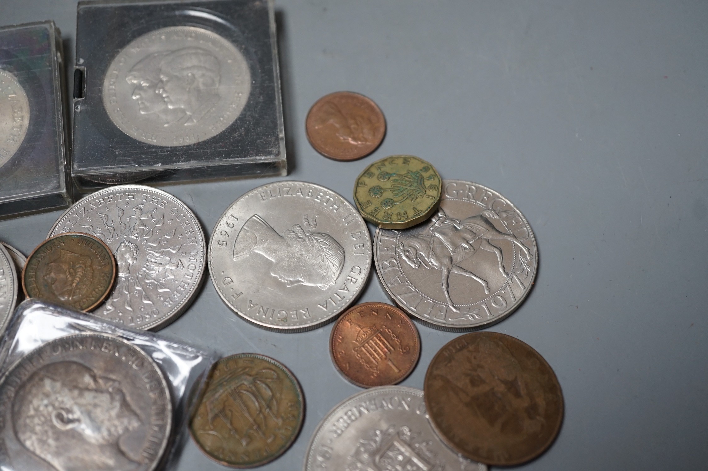 A 1902 silver crown, VF, 1889 half crown, a proof silver Prince of Wales & Lady Diana crown and other UK coins